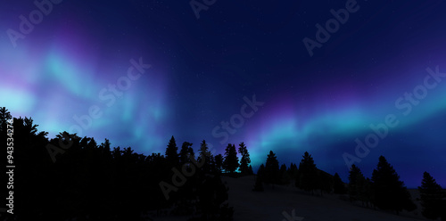 A beautiful green and red aurora dancing over the hills. 3d render