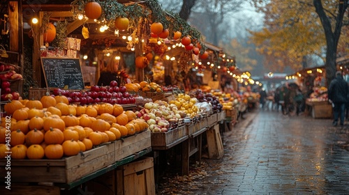 Vibrant harvest festival stalls filled with pumpkins and seasonal fruits on a rainy autumn day