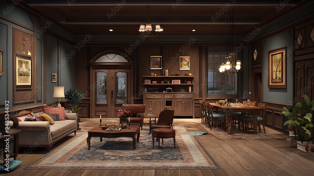 A 3D rendering of a two-story wooden home living room featuring a sofa, coffee table on a carpet, dining table with chairs, and a shelf with decorations, including a mock-up empty wall partition. A 3D rendering of a two-story wooden home living room featuring a sofa, coffee table on a carpet, dining table with chairs, and a shelf with decorations, including a mock-up empty wall partition.