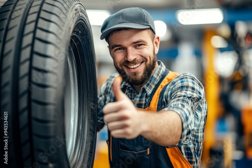 Cheerful mechanic giving a thumbs up beside a car tire in a busy auto repair workshop setting