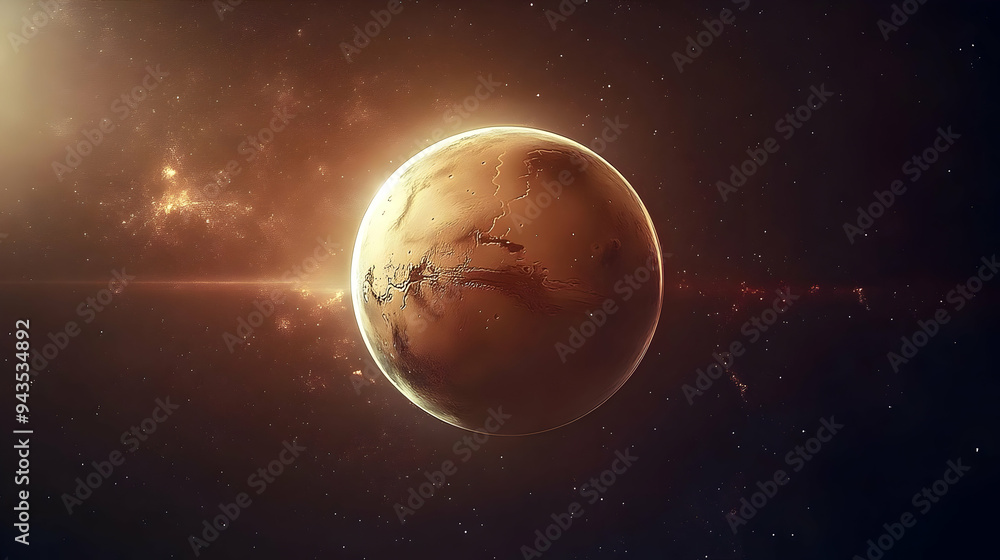A close-up view of a red planet in space with a bright light in the background. A close-up view of a red planet in space with a bright light in the background.