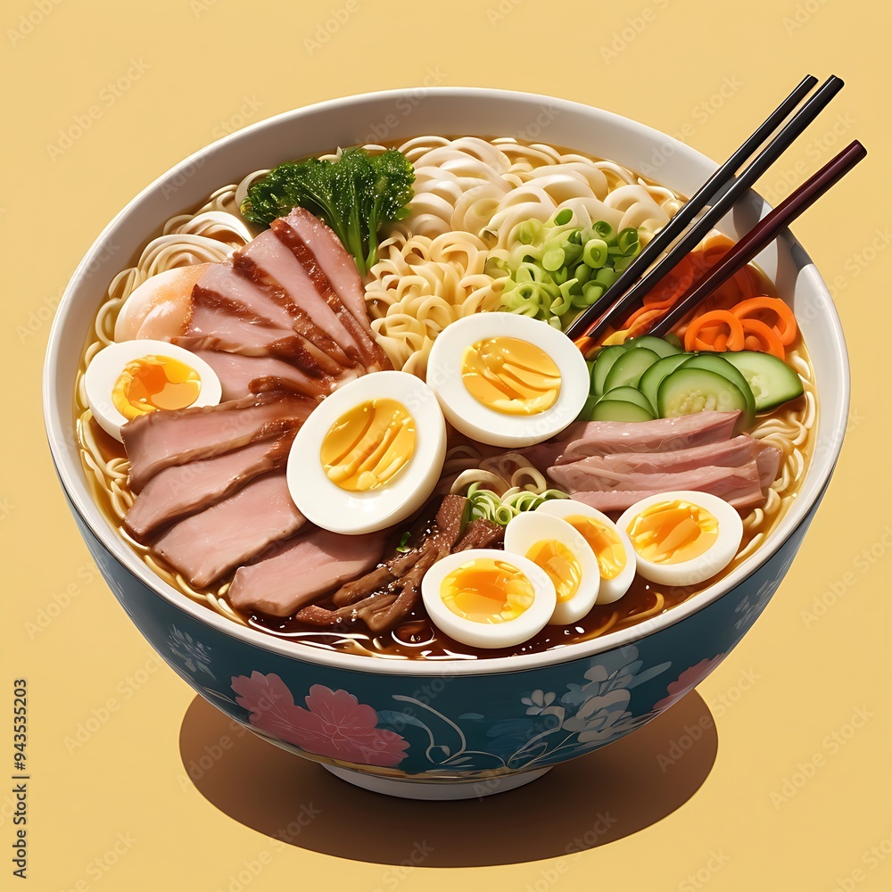 Delicious Japanese Ramen with chicken, Mushrooms, Eggs, noodles, meat in bowl Delicious Japanese Ramen with chicken, Mushrooms, Eggs, noodles, meat in bowl