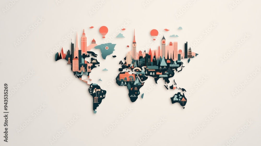 Travel Map with Iconography of Landmarks, A world map featuring icons representing famous landmarks, tourist destinations, and cultural attractions. Travel Map with Iconography of Landmarks, A world map featuring icons representing famous landmarks, tourist destinations, and cultural attractions.