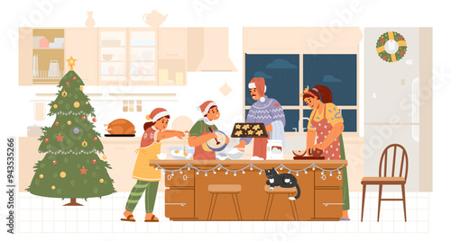 Happy family in Santa hats baking cookies for Christmas in the kitchen flat vector illustration. Parents with children preparing for Christmas celebration. 