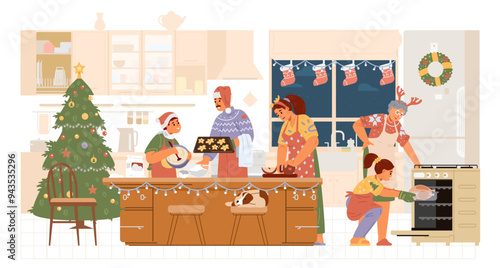 Happy family in Santa hats preaparing food for Christmas dinner in the kitchen flat vector illustration. Parents with children and grandmother preparing for Christmas celebration. 