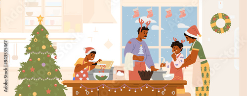 African American family in Santa hats and antlers making Christmas dinner in the kitchen flat vector illustration. Parents with children preparing for Christmas celebration. 