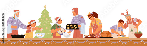 Family cooking food for Christmas dinner together flat vector horizontal banner. Parents, grandparents and children in Santa hats preparing for Christmas celebration illustration.