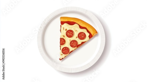 A pizza slice on a paper plate, food element, flat design, simple and tasty, isolated on white background