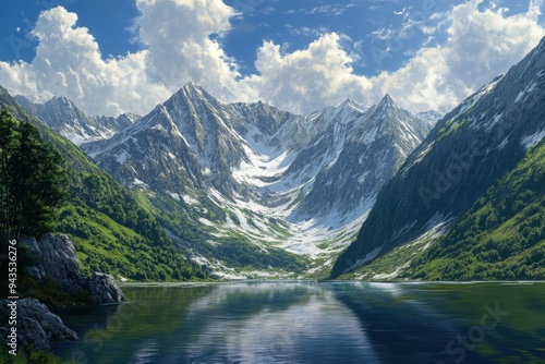 Majestic mountain landscape with a serene lake under blue skies