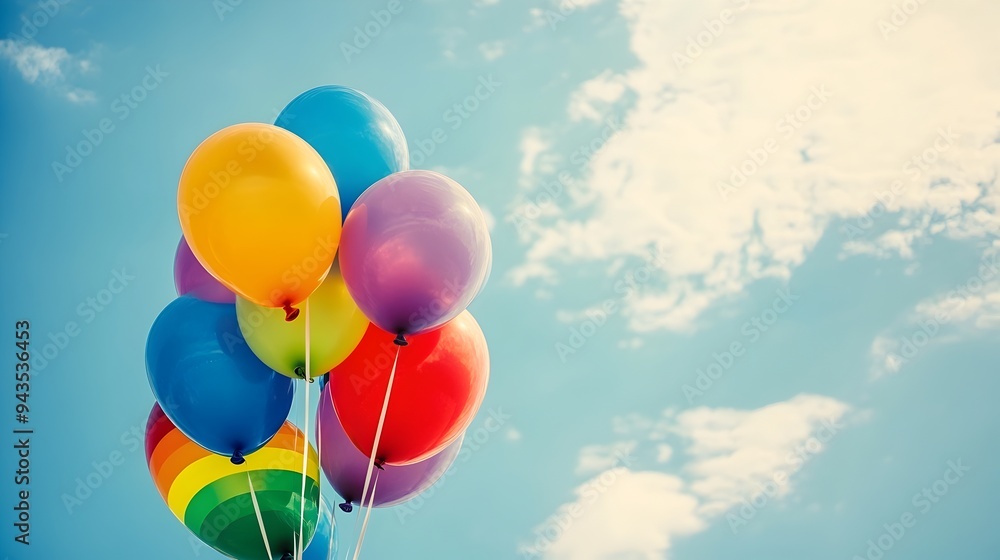 Vibrant rainbow colored balloons floating gracefully in a tranquil azure sky representing the joy diversity and of the LGBTQ community This uplifting and image evokes a sense of optimism Vibrant rainbow colored balloons floating gracefully in a tranquil azure sky representing the joy diversity and of the LGBTQ community This uplifting and image evokes a sense of optimism