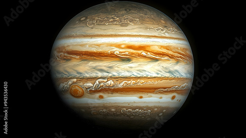 A close-up view of Jupiter, showcasing its swirling clouds and atmospheric bands in vibrant colors. photo