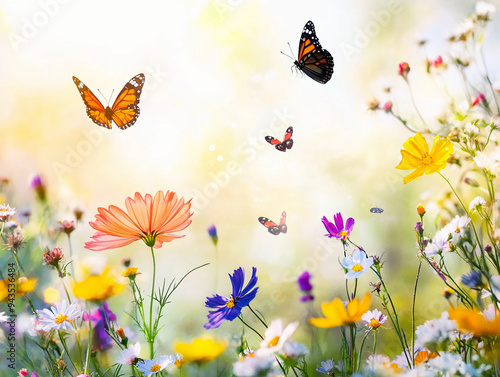Flower meadow in spring, wildflowers in full bloom, a mix of colorful petals, butterflies fluttering