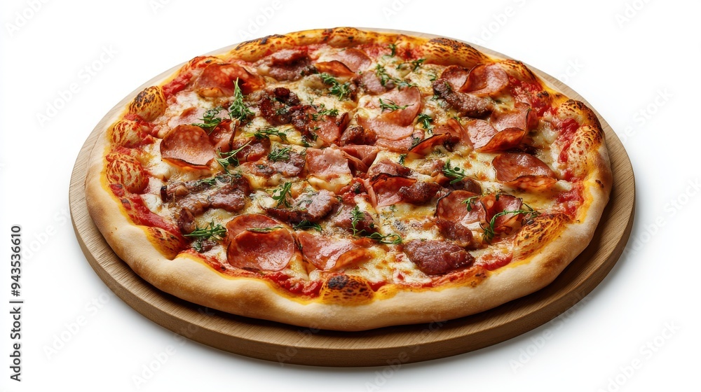 A pizza with a variety of meats, food element, 3D illustration, hearty and flavorful, isolated on white background A pizza with a variety of meats, food element, 3D illustration, hearty and flavorful, isolated on white background