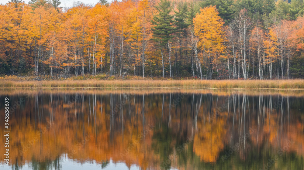 Obraz premium Serene lake with reflections of autumn trees