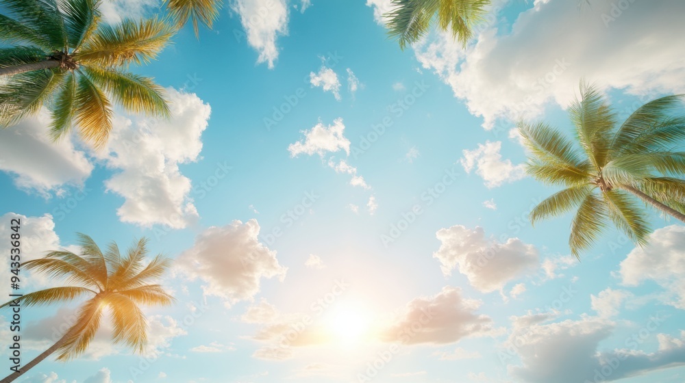 A bright and sunny sky with a few puffy clouds, casting a warm glow on a beach scene with palm trees and surfers.