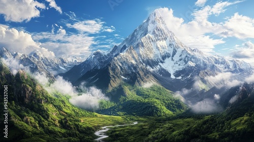 Majestic mountain landscape with lush green valleys in daytime