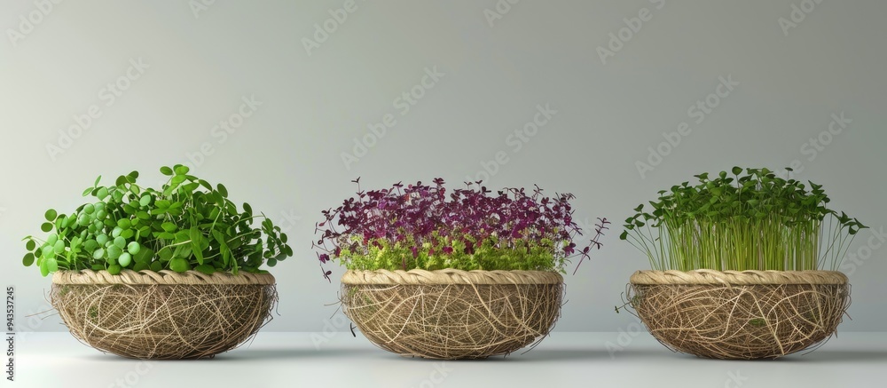 Different microgreens grown in straw bowls with copy space image Different microgreens grown in straw bowls with copy space image