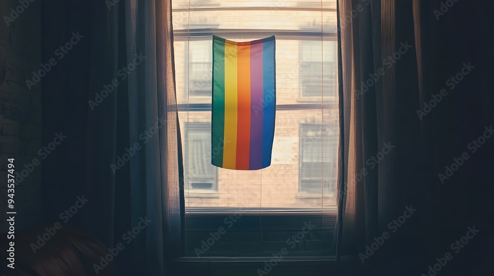 Vibrant Rainbow Flag Displayed in Window Showcasing LGBTQ Pride Support and Visibility for the Community A Powerful Symbol of Advocacy Vibrant Rainbow Flag Displayed in Window Showcasing LGBTQ Pride Support and Visibility for the Community A Powerful Symbol of Advocacy