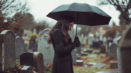 Solemn Woman with Umbrella Mourning at Cemetery on Overcast Day