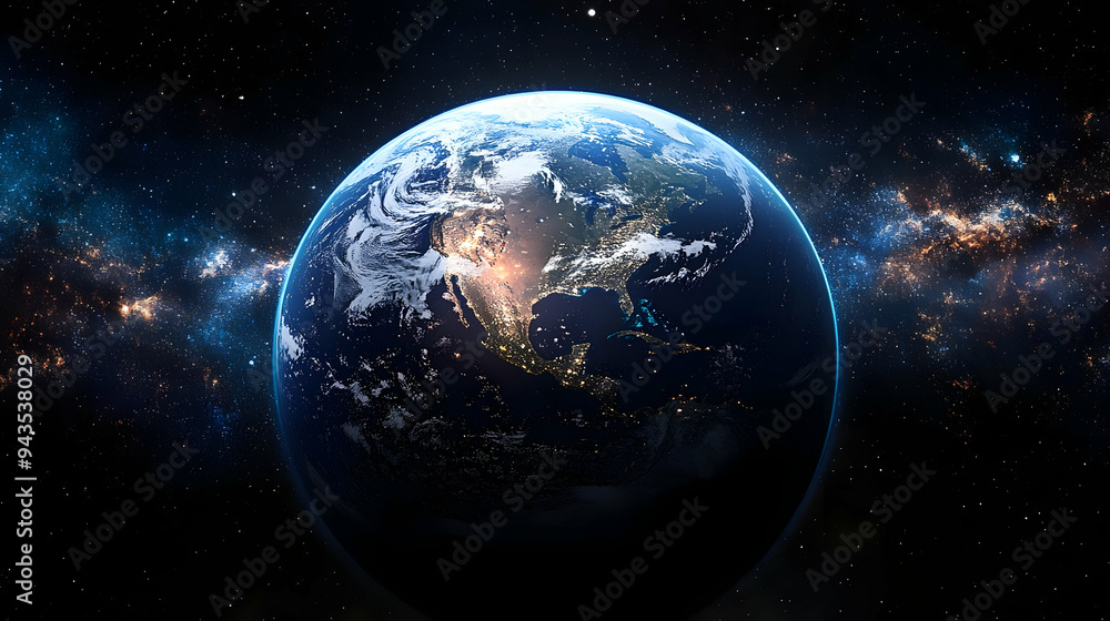 A close-up view of planet Earth from space, showing the North American continent and a starry sky. A close-up view of planet Earth from space, showing the North American continent and a starry sky.