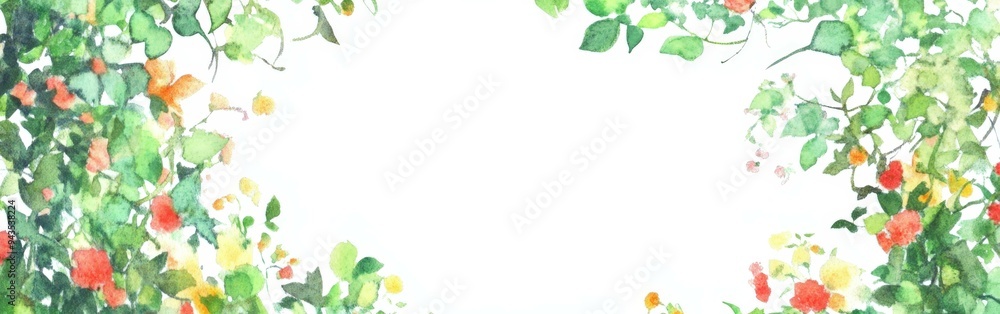 Floral border featuring vibrant flowers and lush greenery on a blank canvas Floral border featuring vibrant flowers and lush greenery on a blank canvas