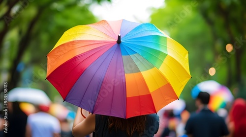 Colorful rainbow colored umbrella held high during a pride event symbolizing protection diversity and the LGBTQ community s ongoing fight for visibility photo