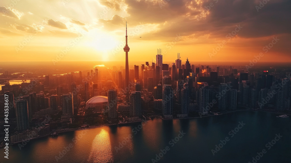 Obraz premium Stunning aerial view of a city skyline at sunset