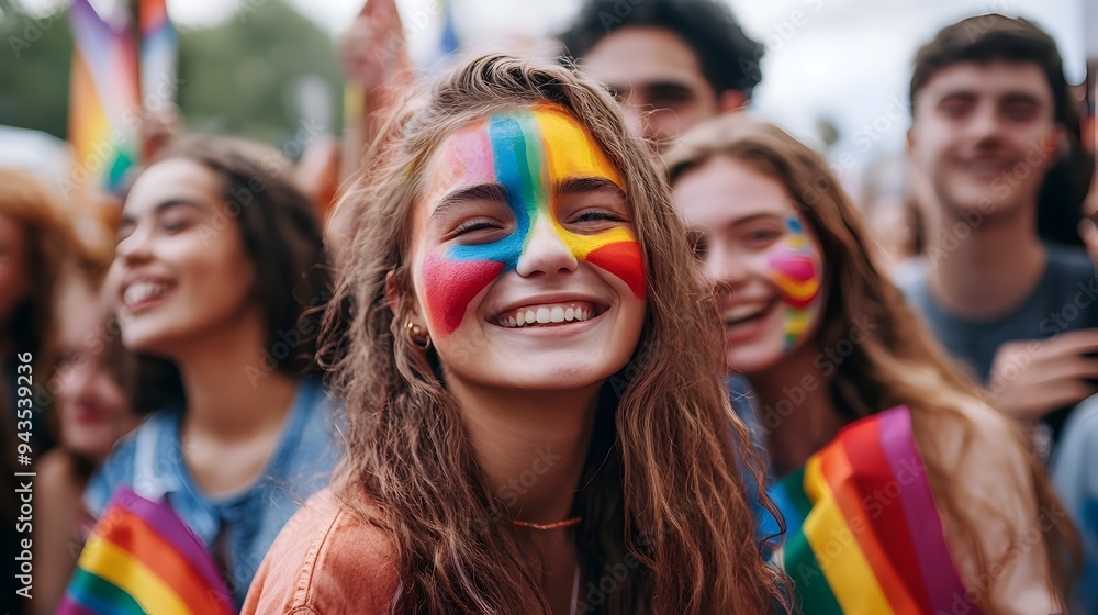 Joyful group of people gathered for a vibrant LGBTQ pride rainbow face paint and big smiles representing diversity acceptance and the spirit of the community Joyful group of people gathered for a vibrant LGBTQ pride rainbow face paint and big smiles representing diversity acceptance and the spirit of the community