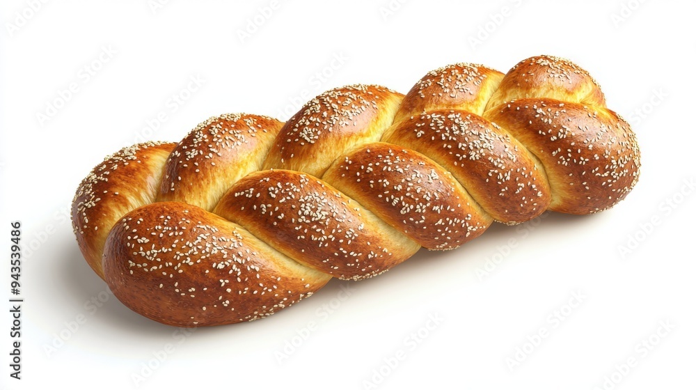 A loaf of challah bread with sesame seeds, bakery element, realistic style, braided and golden, isolated on white background A loaf of challah bread with sesame seeds, bakery element, realistic style, braided and golden, isolated on white background
