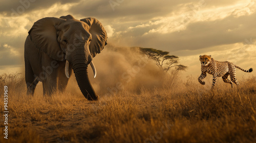 A large elephant and a small cheetah are in the wild