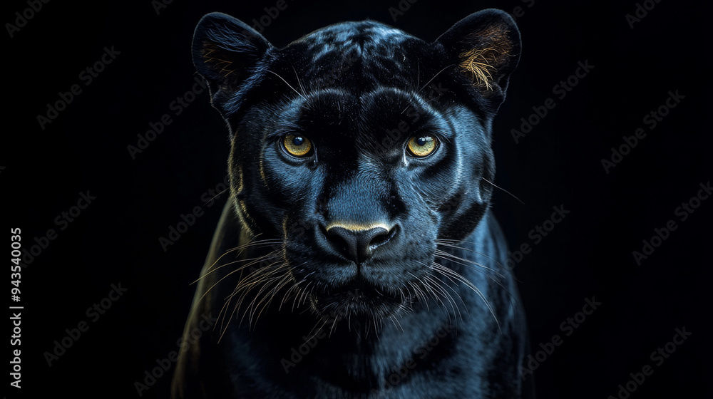 Obraz premium A black panther with yellow eyes stares at the camera