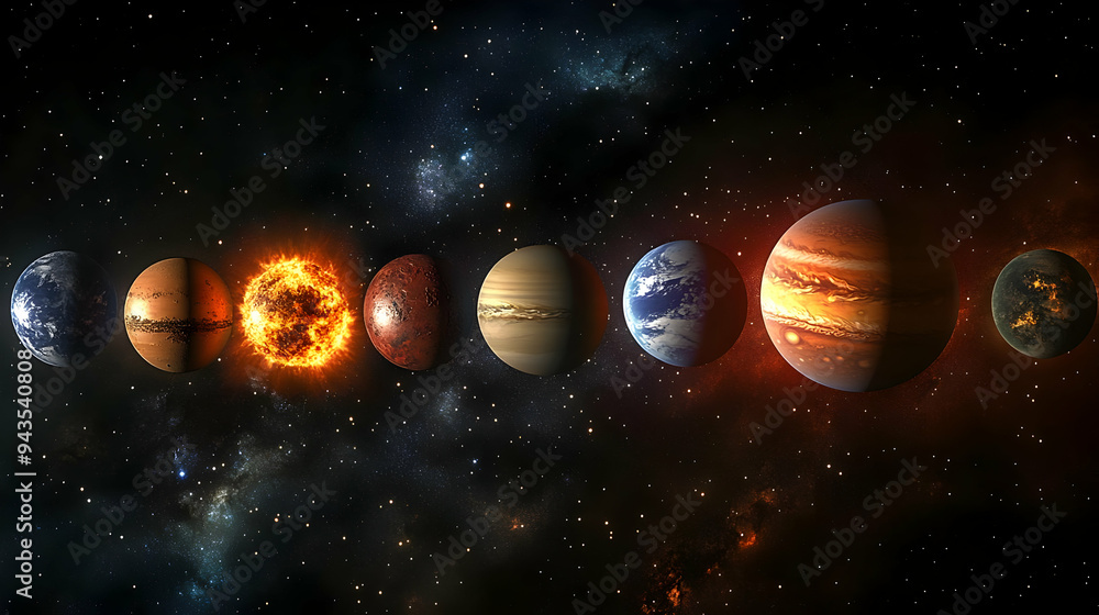 Fototapeta premium A collection of planets and a glowing sun in a dark space with scattered stars.