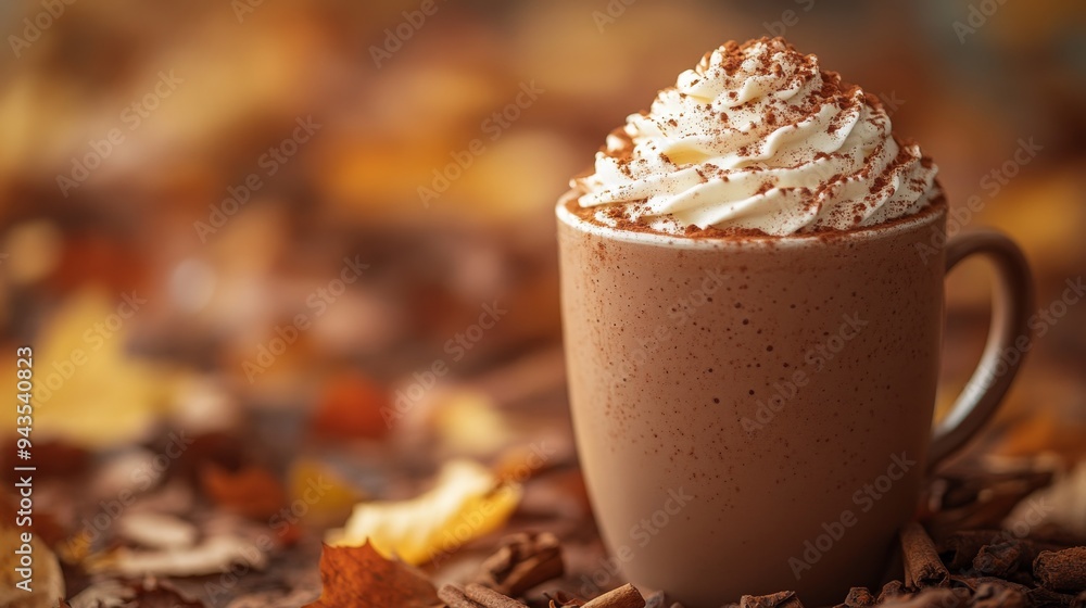 Warm and inviting hot chocolate topped with whipped cream and cinnamon, perfect for fall afternoons outdoors Warm and inviting hot chocolate topped with whipped cream and cinnamon, perfect for fall afternoons outdoors
