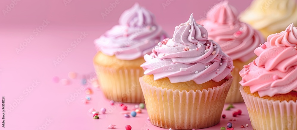 Cupcakes with intricate decorations on a pink backdrop perfect for a gender reveal party with copy space image Cupcakes with intricate decorations on a pink backdrop perfect for a gender reveal party with copy space image