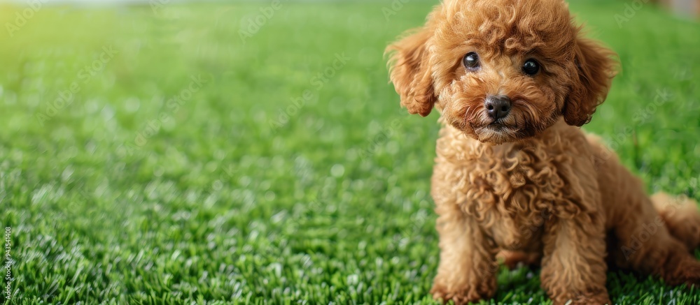 A fluffy and adorable red toy poodle puppy is sitting on lush green grass looking directly at the camera in a domestic pet copy space image A fluffy and adorable red toy poodle puppy is sitting on lush green grass looking directly at the camera in a domestic pet copy space image