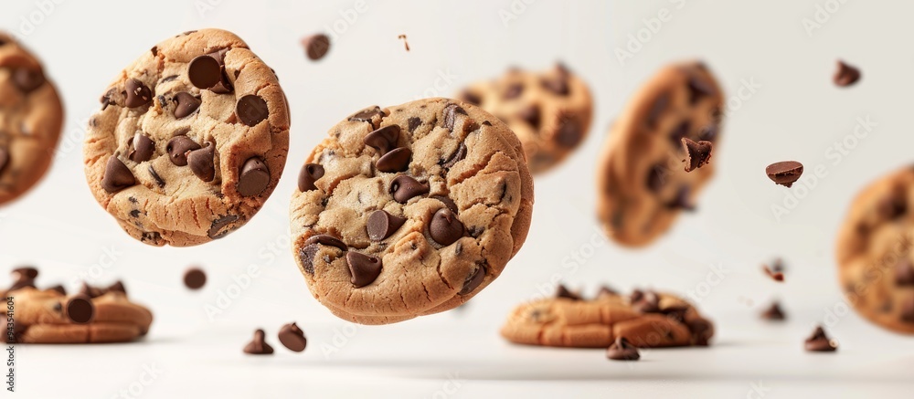 High resolution image of floating chocolate chip cookies with chunks displayed against a white background to serve as a copy space image High resolution image of floating chocolate chip cookies with chunks displayed against a white background to serve as a copy space image