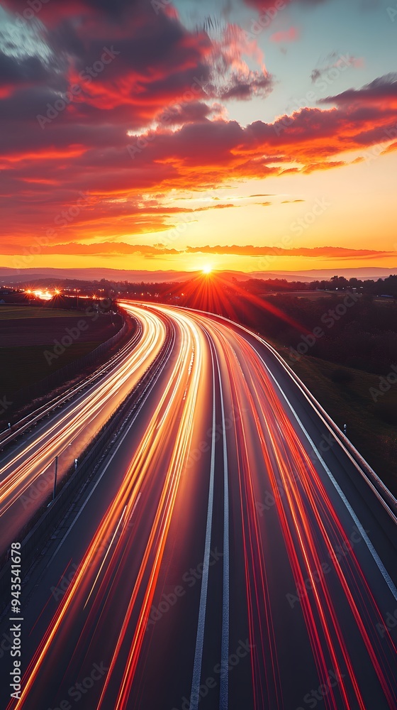Highway with long exposure lights, car light trails on the highway at sunset, fast-moving cars and traffic in motion blur on the motorway Highway with long exposure lights, car light trails on the highway at sunset, fast-moving cars and traffic in motion blur on the motorway