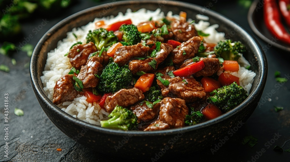 Chinese stir-fry set with beef, broccoli, and rice Chinese stir-fry set with beef, broccoli, and rice