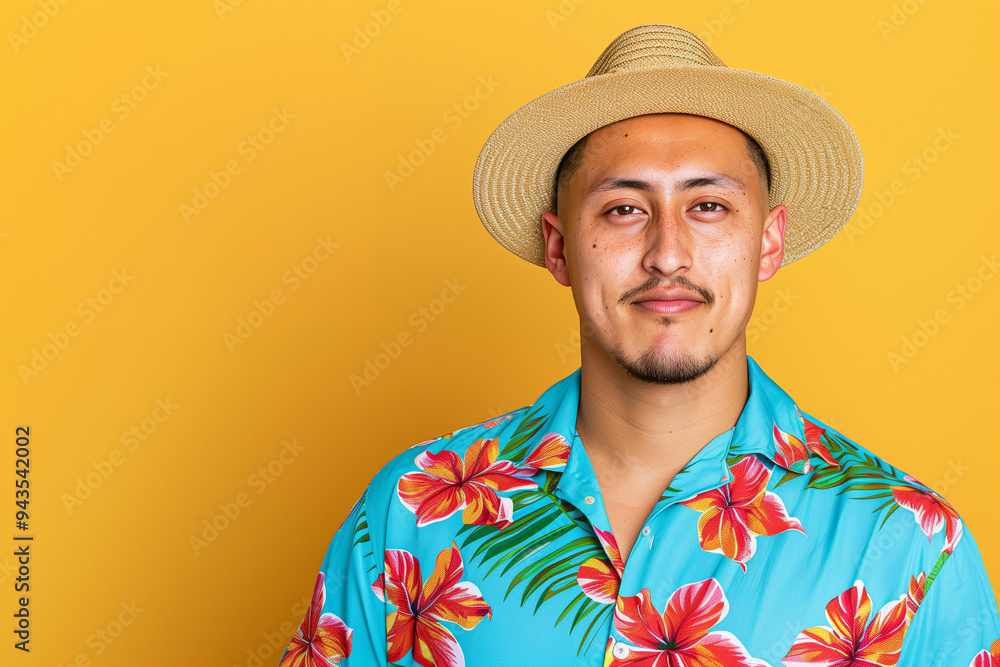 Man wearing floral shirt and hat in vibrant lifestyle portrait against yellow background Man wearing floral shirt and hat in vibrant lifestyle portrait against yellow background