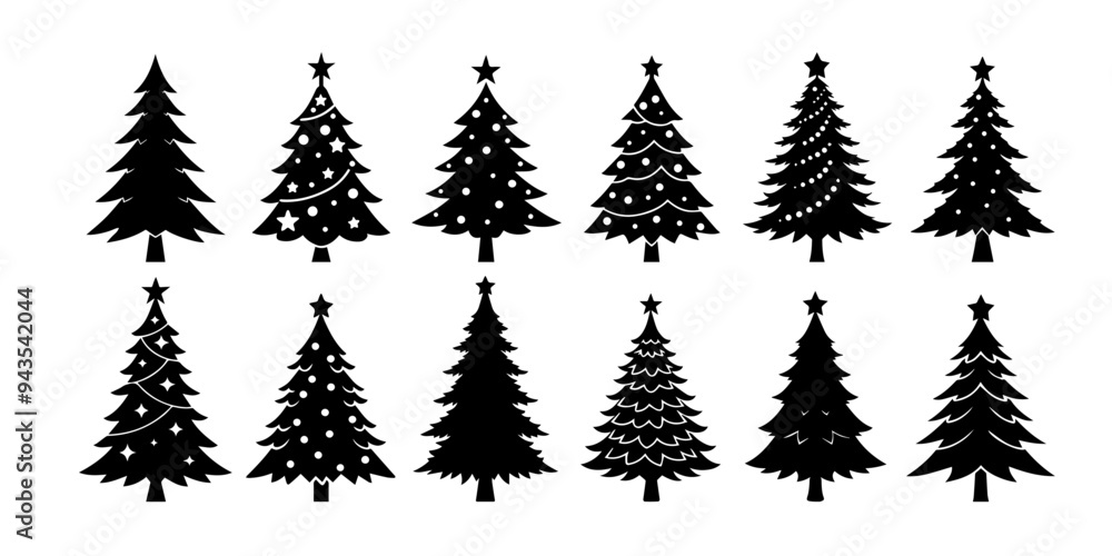Obraz premium Big set of winter silhouette Christmas tree black, outline on white background. Isolated