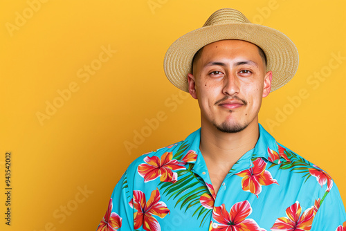 Man wearing floral shirt and hat in vibrant lifestyle portrait against yellow background