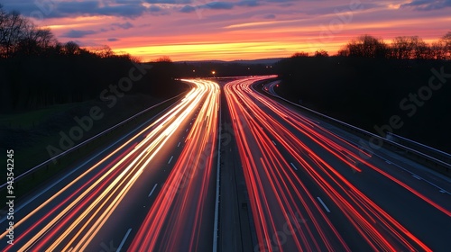 Highway with long exposure lights, car light trails on the highway at sunset, fast-moving cars and traffic in motion blur on the motorway