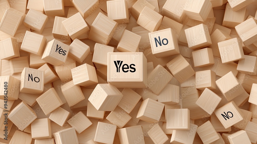 Fototapeta premium Wooden cubes with the words yes and no are arranged amidst a wooden background, reflecting choices and decisions. The top view emphasizes the natural texture of the surface