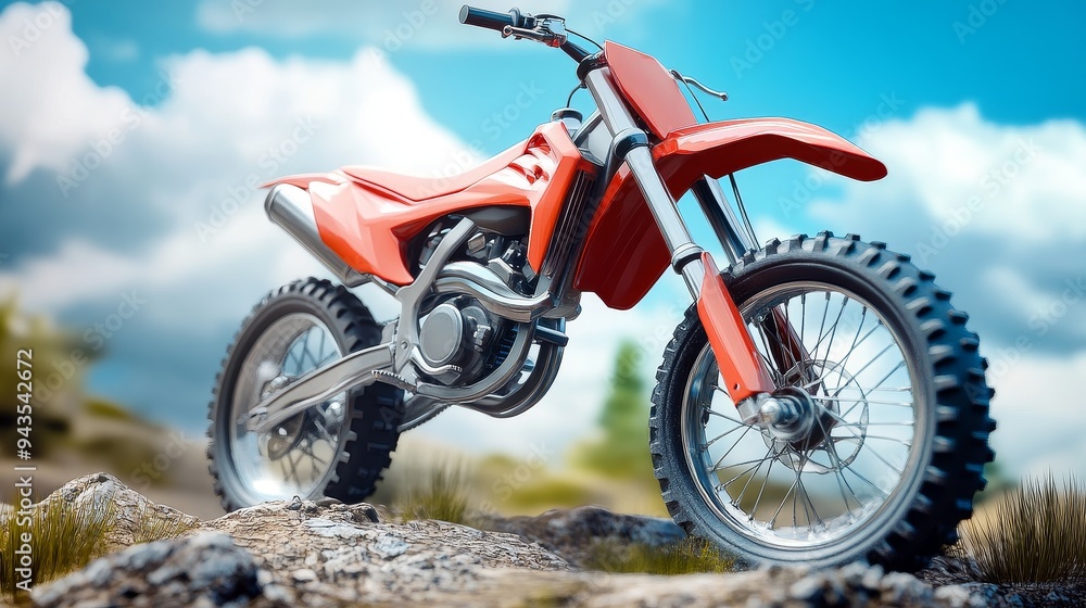 A red dirt bike stands on a rocky terrain with a blue sky and white clouds in the background. A red dirt bike stands on a rocky terrain with a blue sky and white clouds in the background.