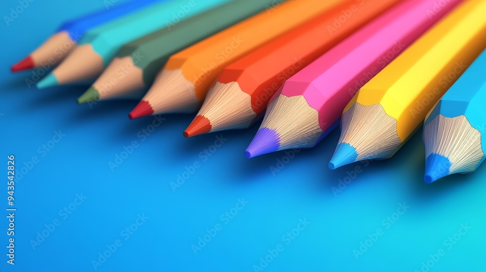 A row of colorful pencils laid out on a blue background, showcasing creativity and art supplies. A row of colorful pencils laid out on a blue background, showcasing creativity and art supplies.