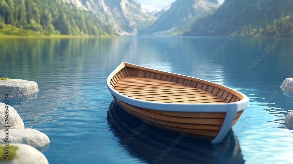 A small wooden boat sits peacefully on a still lake, surrounded by mountains and rocks