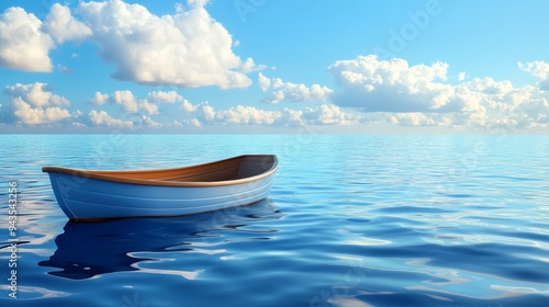 A small white boat floats peacefully on a calm blue sea under a bright sky with fluffy white clouds.