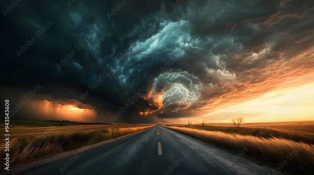 Fototapeta premium 1. A dramatic road stretching toward an approaching storm, with dark, swirling clouds and occasional flashes of lightning on the horizon. The road, lined with ominous shadows and strong winds, leads