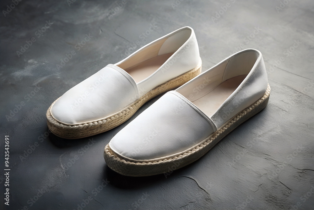 Fototapeta premium White espadrilles slip-on shoes paar mockup on grey textured background. Copy space. Template
