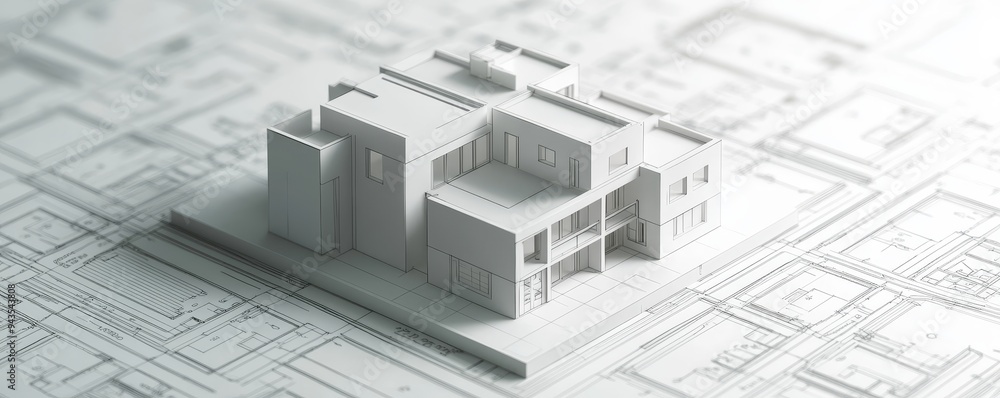 A white model house on a blueprint background. A white model house on a blueprint background.